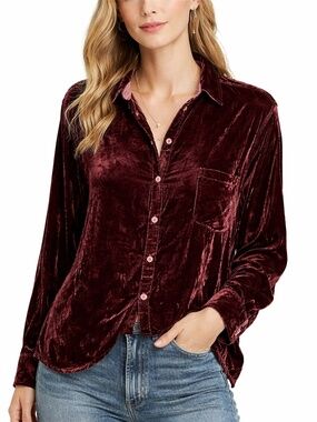 CP Shades Soft Velvet Silk Blend Shirt Burgundy Button Front Long Sleeve XS